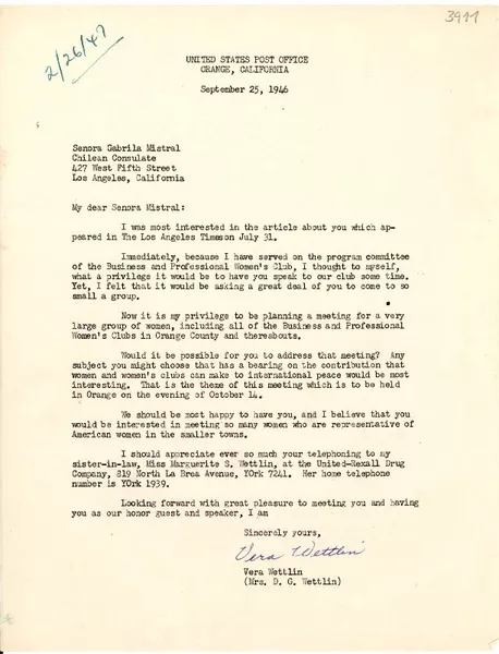 [Carta] 1946 sept. 25, Orange, California [a] Gabriela Mistral, Los Ángeles, California  [manuscrito] Vera Wettlin.