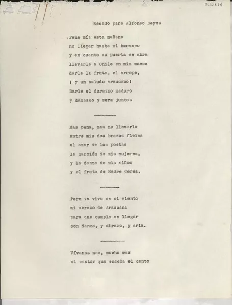 Recado para Alfonso Reyes  [manuscrito] Gabriela Mistral.