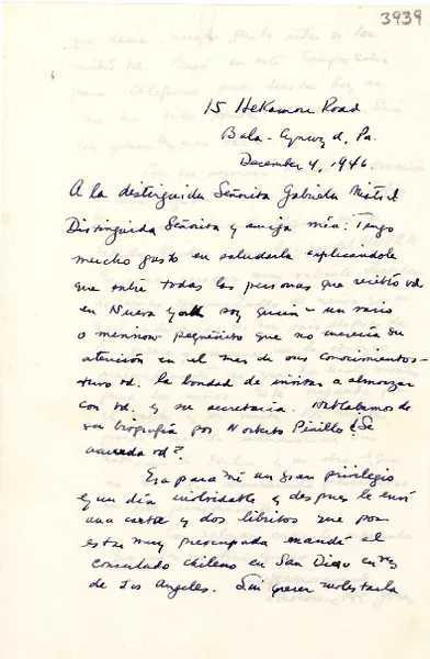 [Carta] 1946 dic. 4, Philadelphia [a] Gabriela Mistral  [manuscrito] Katharine Mc.Jones.