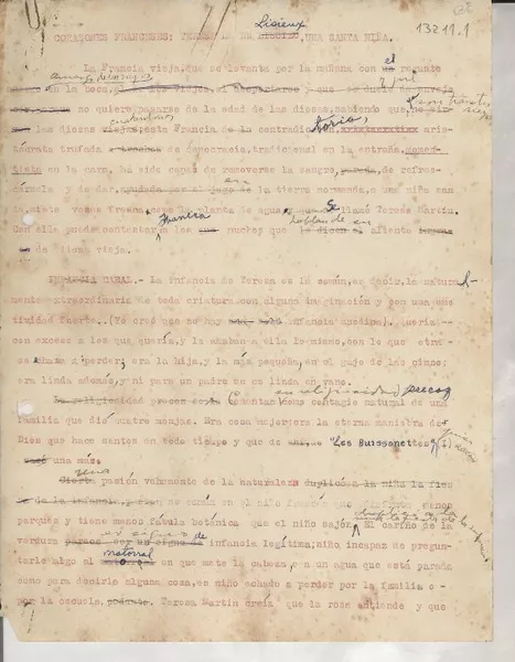 Corazones franceses : Teresa de Lisieux, una santa niña [manuscrito] Gabriela Mistral.