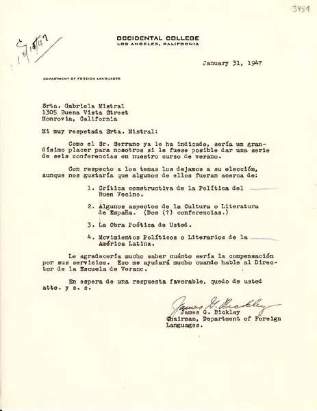 [Carta] 1947 ene. 31, Los Ángeles, California [a] Gabriela Mistral, Monrovia, California  [manuscrito] James G. Bickley.
