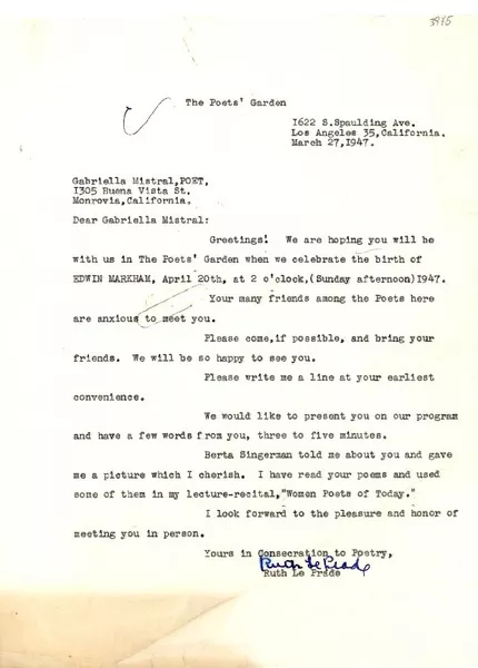[Carta] 1947 mar. 27, Los Ángeles, California [a] Gabriela Mistral, Monrovia, California  [manuscrito] Ruth Le Prade.
