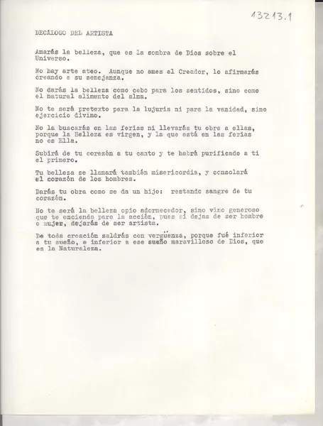 Decálogo del artista  [manuscrito] Gabriela Mistral.