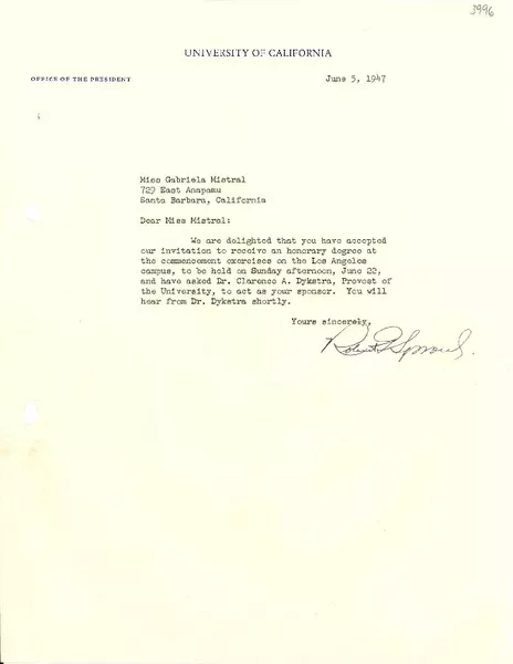 [Carta] 1947 jun. 5, California [a] Gabriela Mistral, Santa Bárbara, California  [manuscrito] Robert [Gordon Sproul].