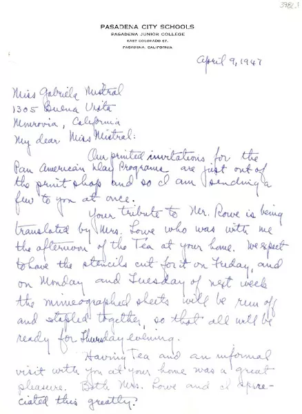 [Carta] 1947 abr. 9, Pasadena, California [a] Gabriela Mistral, Monrovia, California  [manuscrito] M. S. Templeton.