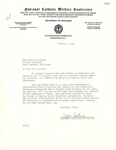 [Carta] 1947 oct. 7, Washington D.C. [a] Gabriela Mistral, Santa Bárbara, California  [manuscrito] Agnes Collins.