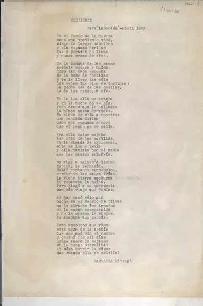 Vertiente  [manuscrito] Gabriela Mistral.