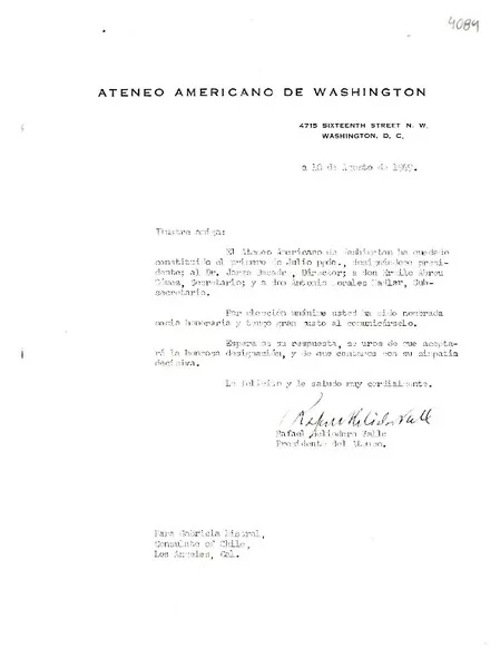 [Carta] 1949 ago. 10, [Washington D. C.] [a] Gabriela Mistral, Los Angeles, California  [manuscrito] Rafael Heliodoro Valle.
