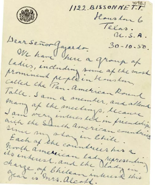 [Carta] 1950 oct. 30, Houston, Texas [a] Señor Gayardo  [manuscrito] Mrs J. Thyne Henderson.