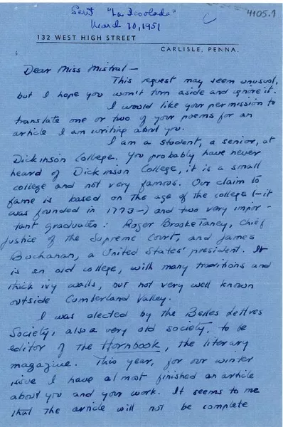 [Carta] 1951 mar. 10, Carlisle, Pennsylvania [a] Gabriela Mistral  [manuscrito] Aniceto Malaret y Valdivia.