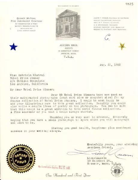 [Carta] 1952 ago. 22, Spencer, Massachusetts, EE.UU. [a] Gabriela Mistral, Los Angeles, California, [EE.UU.]  [manuscrito] Lionel Aucoin.