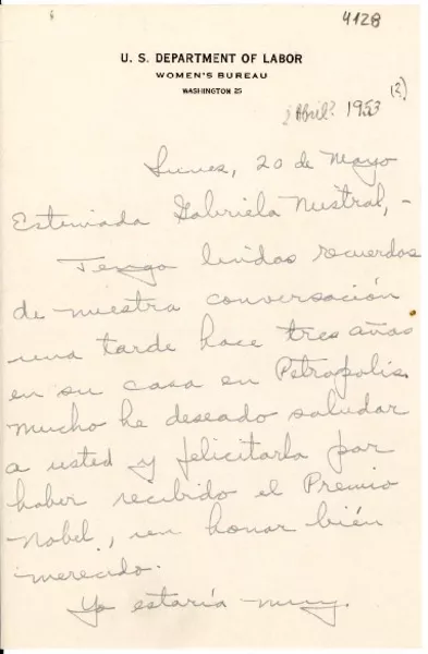 [Carta] [1953?] mayo 20, [Washington] [a] Gabriela Mistral  [manuscrito] Mary M. Cannon.