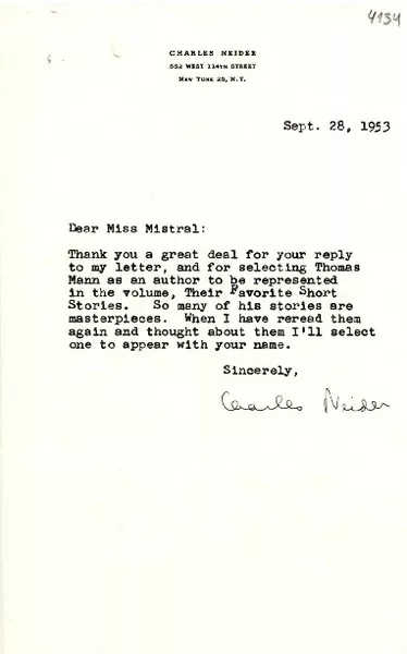 [Carta] 1953 sept. 28, New York, [EE.UU.] [a] Gabriela Mistral  [manuscrito] Charles Neider.