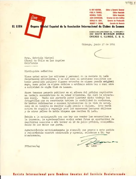 [Carta] 1954 jun. 17, Chicago, Illinois [a] Gabriela Mistral, Los Ángeles, California  [manuscrito] El León.