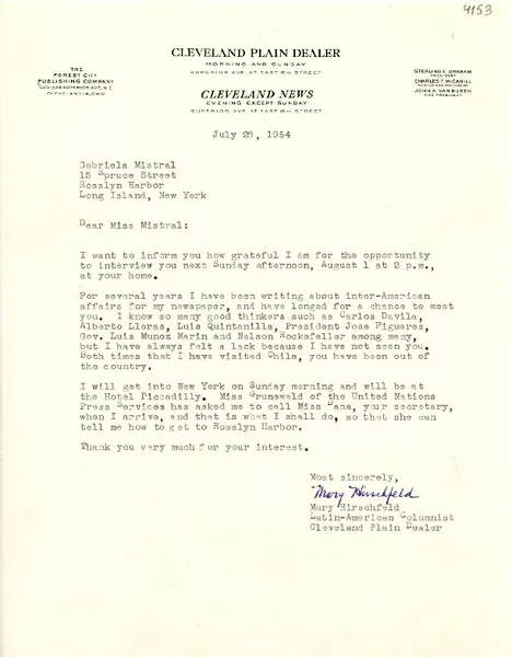 [Carta] 1954 jul. 28, Cleveland, Ohio [a] Gabriela Mistral, Long Island, New York  [manuscrito] Mary Hirschfeld.