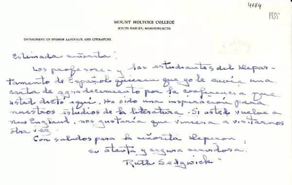[Carta] [1955?], [South Hadley, Massachusetts] [a] [Gabriela Mistral]  [manuscrito] Ruth Sedgwick.