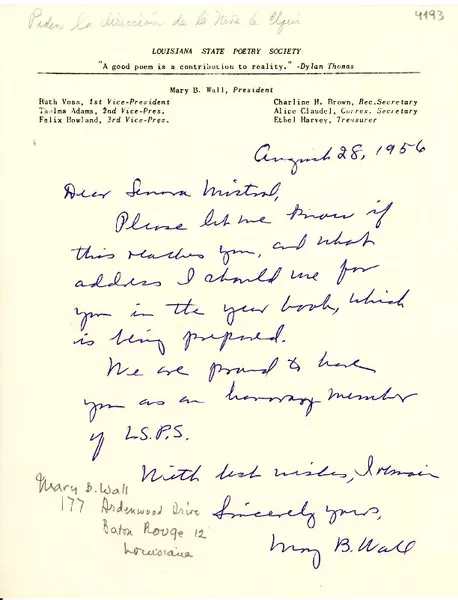 [Carta] 1956 ago. 28, [Baton Rouge, Louisiana] [a] Gabriela Mistral  [manuscrito] Mary B. Wall.