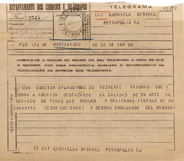 [Telegrama] 1945 nov. 18, Montevideo, Uruguay [a] Gabriela Mistral, Petrópolis, Brasil  [manuscrito] César Gutiérrez y Señora.