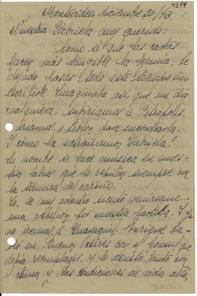 [Carta] 1943 dic. 20, Montevideo [a] Gabriela Mistral  [manuscrito] Haydée.