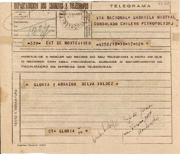 [Telegrama] 1945 nov. 17, Montevideo [a] Gabriela Mistral, Petrópolis  [manuscrito] Selva Valdez.