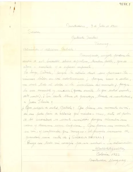 [Carta] 1950 jul. 9, Montevideo [a] Gabriela [Mistral], Veracruz  [manuscrito] Julio Estigarribia.