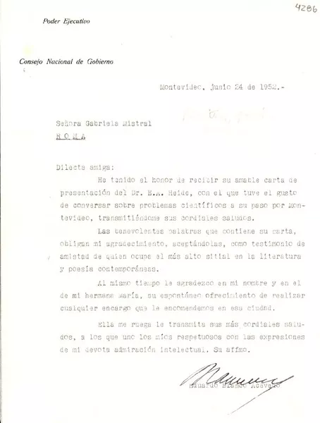 [Carta] 1952 jun. 24, Montevideo, [Uruguay] [a] Gabriela Mistral, Roma, [Italia]  [manuscrito] Eduardo Blanco Acevedo.