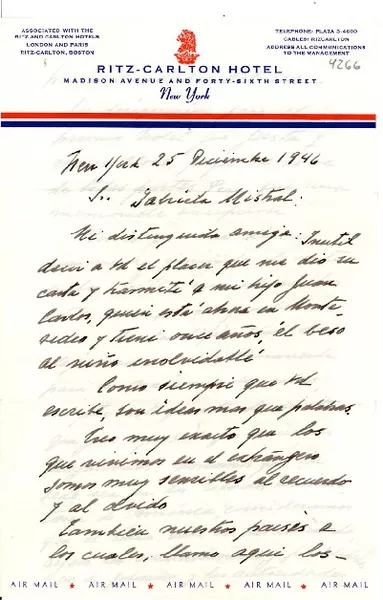 [Carta] 1946 dic. 25, Nueva York [a] Gabriela Mistral  [manuscrito] Julio César Blanco.