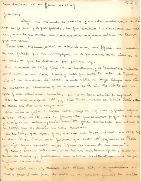 [Carta] 1947 feb. 15, Montevideo [a] Gabriela Mistral  [manuscrito] Silvia L. Herrera Cravotto.