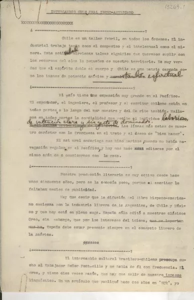 Intercambio cultural ibero-americano  [manuscrito] Gabriela Mistral.