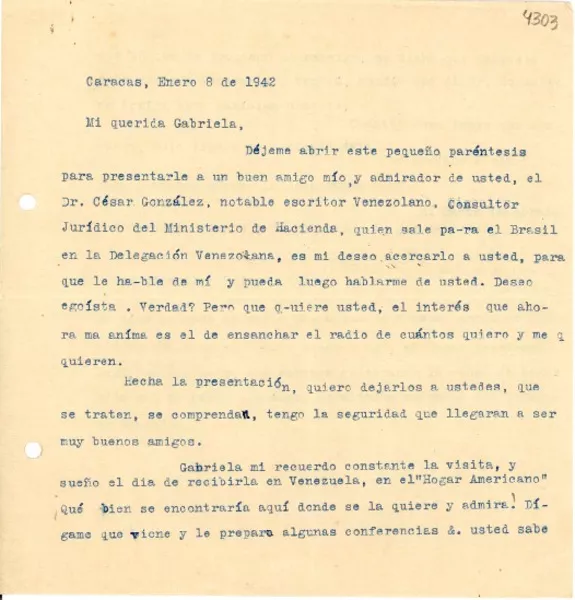 [Carta] 1942 ene. 8, Caracas [a] Gabriela Mistral  [manuscrito] María Edilia Valero.