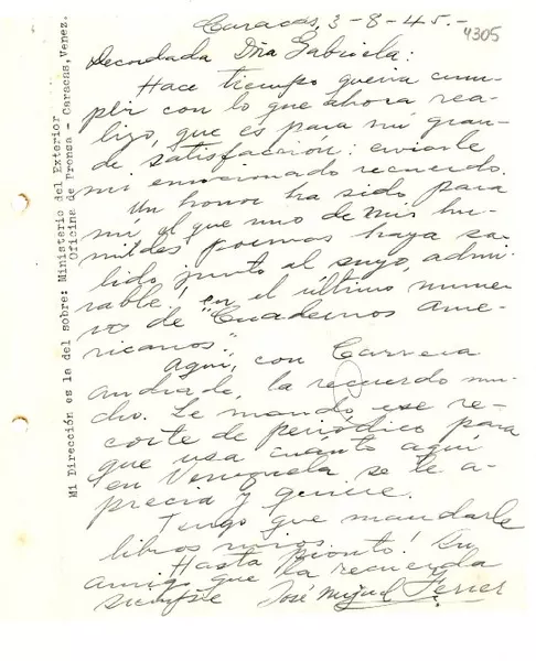 [Carta] 1945 ago. 3, Caracas [a] Gabriela Mistral  [manuscrito] José Miguel Ferrer.