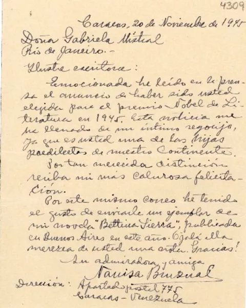 [Carta] 1945 nov. 20, Caracas [a] Gabriela Mistral, Río de Janeiro  [manuscrito] Nanisa Bruzual.