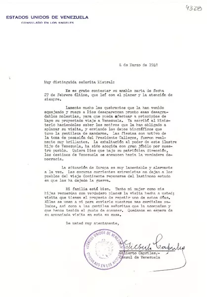 [Carta] 1948 mar. 4, Los Angeles, [E.E.U.U.] [a] [Gabriela] Mistral  [manuscrito] Gilberto Capriles.