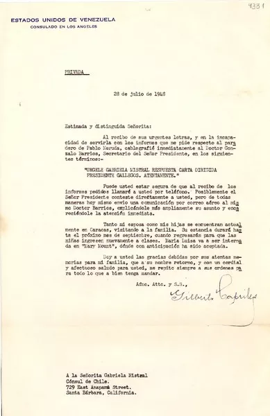[Carta] 1948 jul. 28, Los Ángeles, [E.E.U.U.] [a] Gabriela Mistral, Santa Bárbara, California  [manuscrito] Gilberto Capriles.