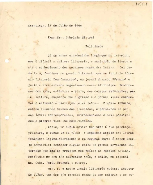 [Carta] 1940 jul. 13, Caratinga, Minas Gerais, [Brasil] [a] Gabriela Mistral  [manuscrito] Euthelia de Mattos.