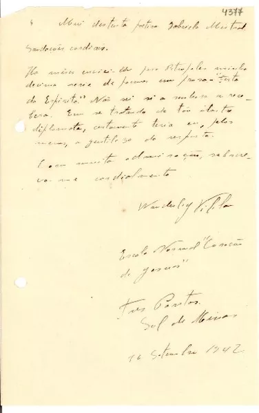 [Carta] 1942 sept. 16, Tres Pontas, Minas Gerais [a] Gabriela Mistral  [manuscrito] Wanderley Vilela.