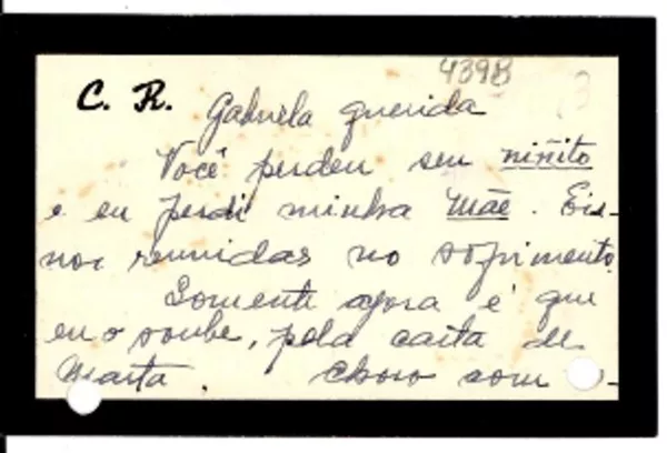 [Tarjeta] [1943], [Brasil] [a] Gabriela Mistral  [manuscrito] María Sabina.