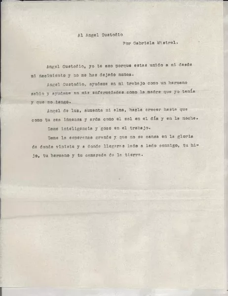 Al ángel custodio  [manuscrito] Gabriela Mistral.