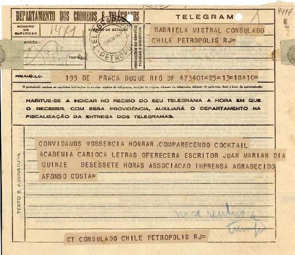 [Telegrama] 1943 nov. 13, Petrópolis [a] Gabriela Mistral  [manuscrito] Alfonso Costa P.