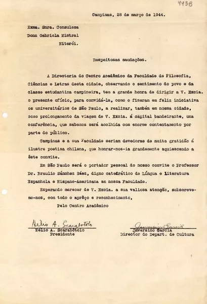 [Carta] 1944 mar. 28, Campinas, [Brasil] [a] Gabriela Mistral, Niterói  [manuscrito] Hélio A. Scarabotolo, Juversino Garcia.