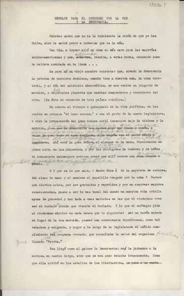 Mensaje para el Congreso por la Paz y la Democracia  [manuscrito] Gabriela Mistral.