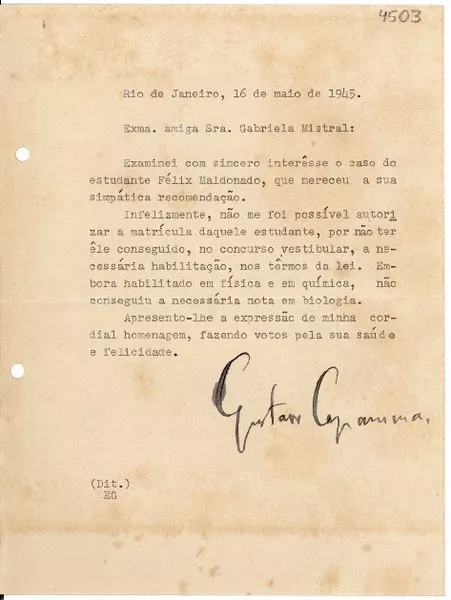 [Carta] 1945 mayo 16, Río de Janeiro [a] Gabriela Mistral  [manuscrito] Gustavo Capanema.
