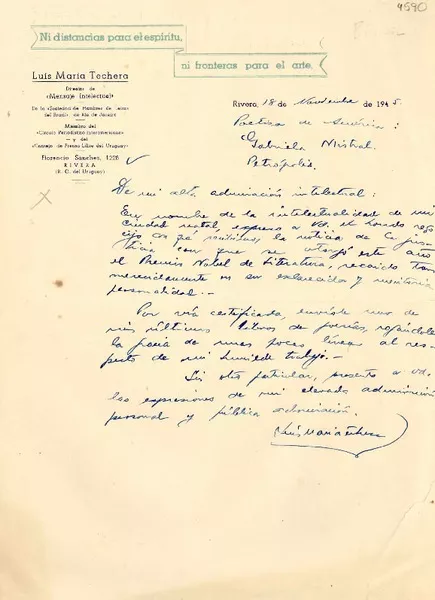 [Carta] 1945 nov. 18, Rivera, Uruguay [a] Gabriela Mistral, Petrópolis  [manuscrito] Luis María Techera.