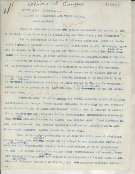 Olvidos de Europa : Chile país inédito _ [manuscrito] [Gabriela Mistral].