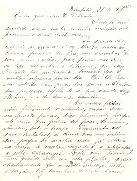 [Carta] 1947 mar. 31, Petrópolis [a] Gabriela Mistral  [manuscrito] María Fossati.
