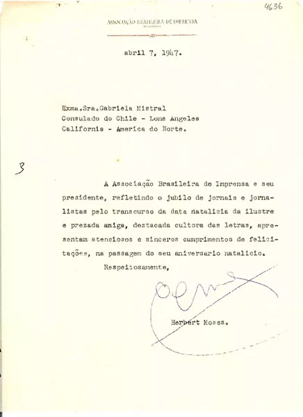 [Carta] 1947 abr. 7, [Río de Janeiro] [a] Gabriela Mistral, Los Ángeles, California  [manuscrito] Herbert Moses.
