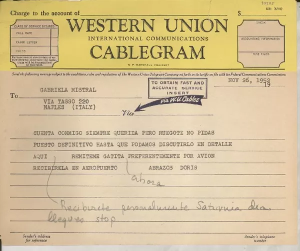 [Telegrama] 1952 nov. 26 [a] Gabriela Mistral, Naples, Italy  [manuscrito] Doris Dana.