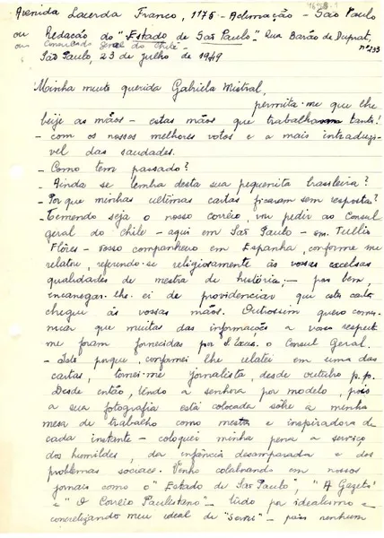 [Carta] 1949 jul. 23, Sao Paulo [a] Gabriela Mistral  [manuscrito] María Regina C. Rodrigues.