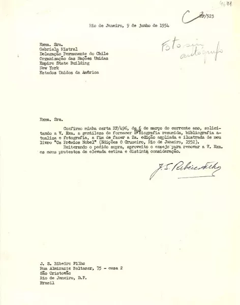 [Carta] 1954 jun. 9, Rio de Janeiro, Brasil [a] Gabriela Mistral, New York, Estados Unidos  [manuscrito] J. S. Ribeiro Filho.