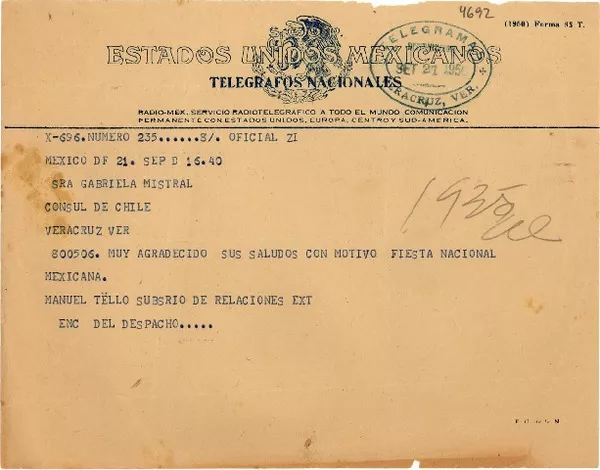 [Telegrama] 1950 sept. 21, México D. F. [a] Gabriela Mistral, Veracruz  [manuscrito] Manuel Tello.